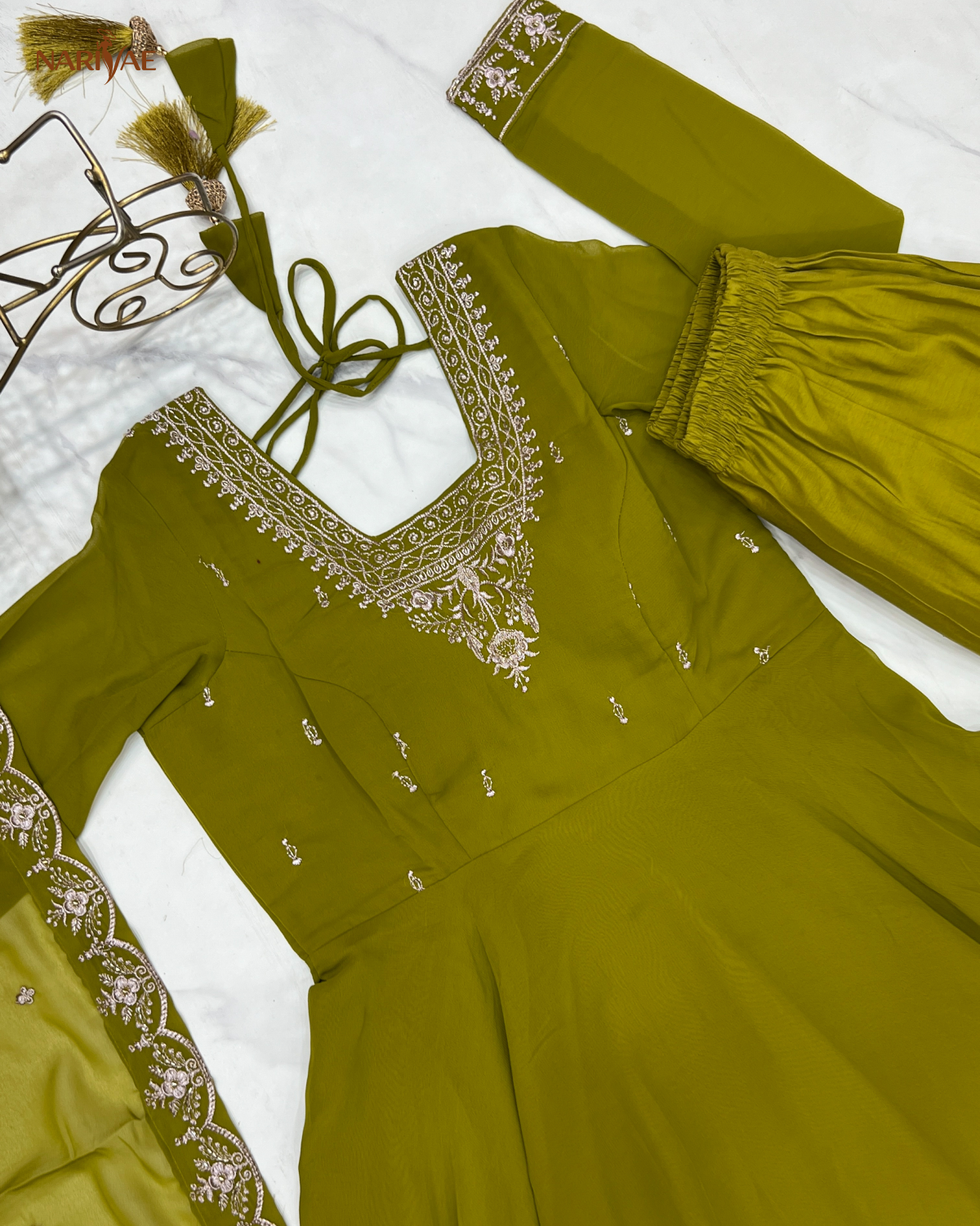 Anarkali Gown Set in Soft Fox Georgette with Beads & Zari Embroidery | 6.5 Meter Full Flair with Pant & Dupatta | Fully Stitched Ready to Wear Ethnic Set for Women