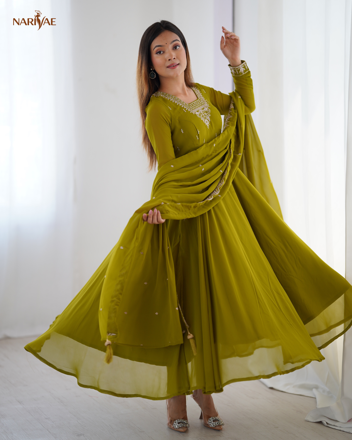 Anarkali Gown Set in Soft Fox Georgette with Beads & Zari Embroidery | 6.5 Meter Full Flair with Pant & Dupatta | Fully Stitched Ready to Wear Ethnic Set for Women