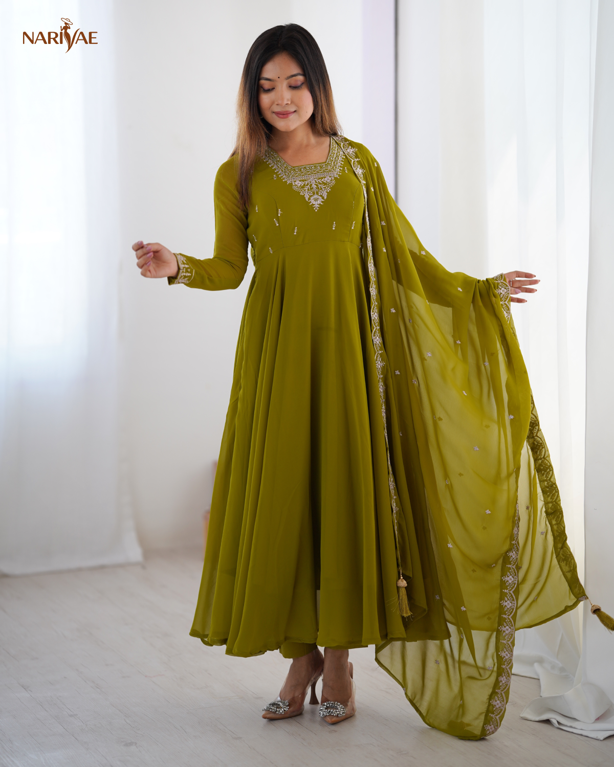 Anarkali Gown Set in Soft Fox Georgette with Beads & Zari Embroidery | 6.5 Meter Full Flair with Pant & Dupatta | Fully Stitched Ready to Wear Ethnic Set for Women