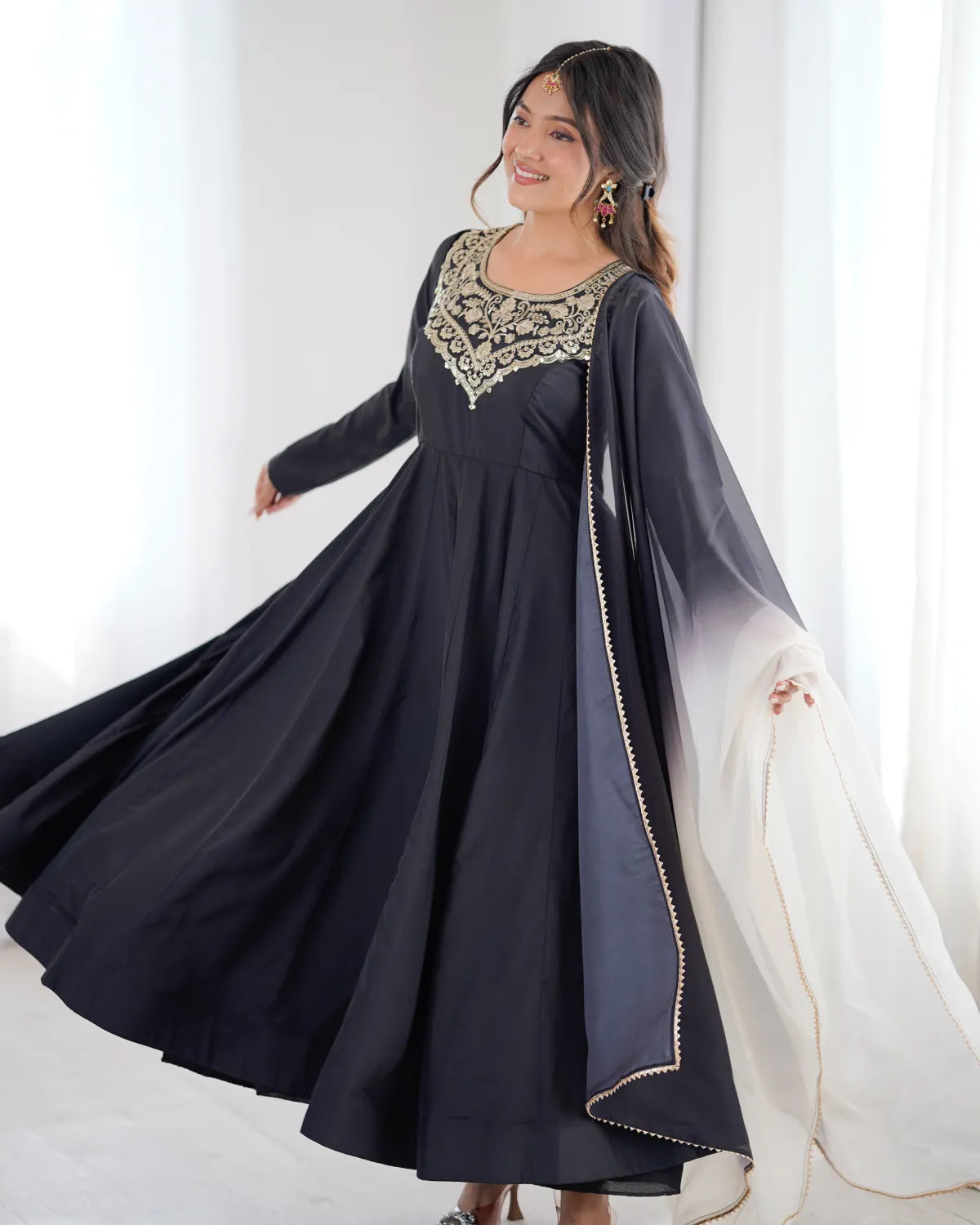 Kali Cut Anarkali Suit Set in Heavy French Crepe with Embroidery Work | Dupatta & Pant | Ready to Wear Ethnic Set for Women