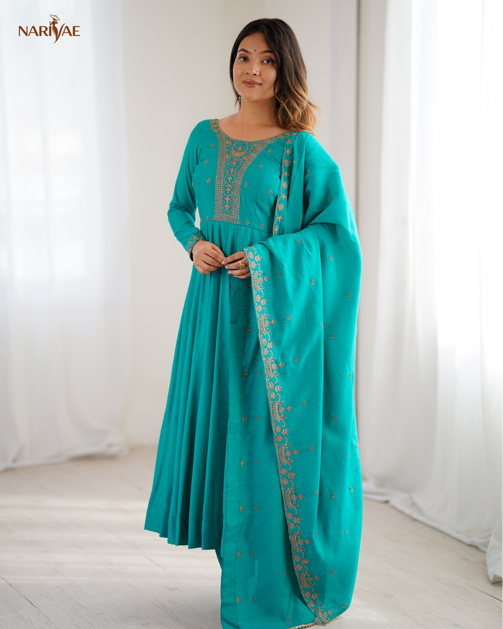 Anarkali Gown Set in Roman Shimmer Chanderi Silk with Handwork Beads | 16 Kali Full Flair with Pant & Dupatta | Fully Stitched Ready to Wear Ethnic Set for Women