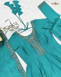 Anarkali Gown Set in Roman Shimmer Chanderi Silk with Handwork Beads | 16 Kali Full Flair with Pant & Dupatta | Fully Stitched Ready to Wear Ethnic Set for Women
