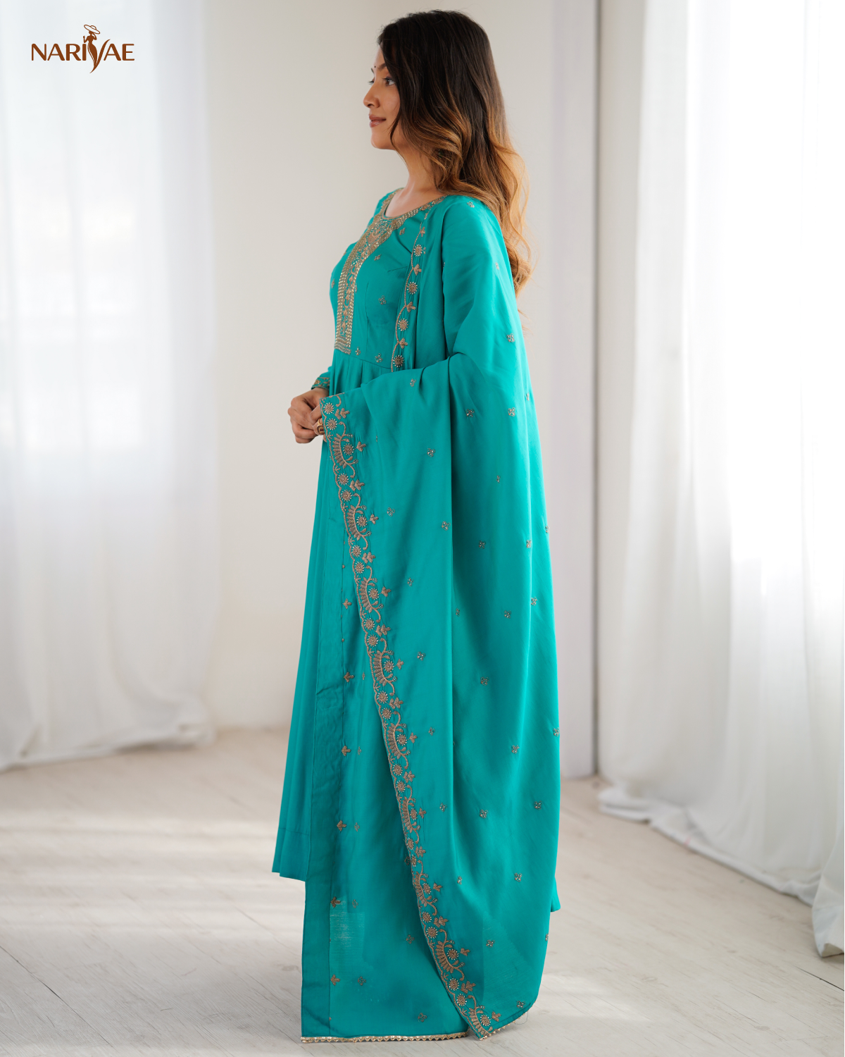 Anarkali Gown Set in Roman Shimmer Chanderi Silk with Handwork Beads | 16 Kali Full Flair with Pant & Dupatta | Fully Stitched Ready to Wear Ethnic Set for Women