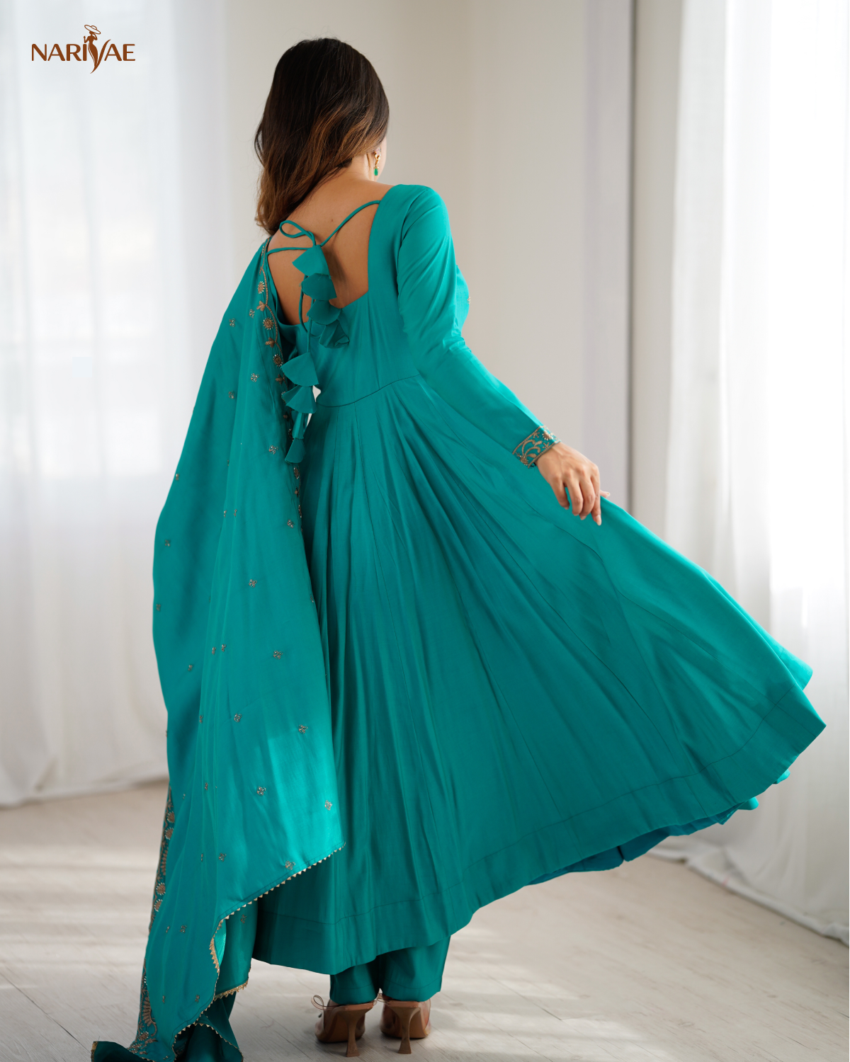 Anarkali Gown Set in Roman Shimmer Chanderi Silk with Handwork Beads | 16 Kali Full Flair with Pant & Dupatta | Fully Stitched Ready to Wear Ethnic Set for Women