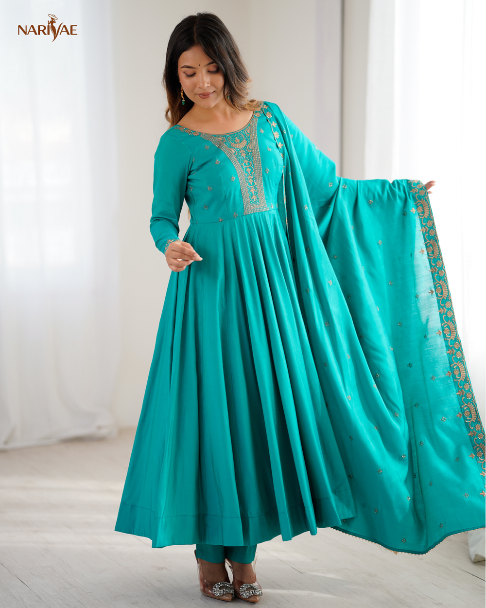 Anarkali Gown Set in Roman Shimmer Chanderi Silk with Handwork Beads | 16 Kali Full Flair with Pant & Dupatta | Fully Stitched Ready to Wear Ethnic Set for Women