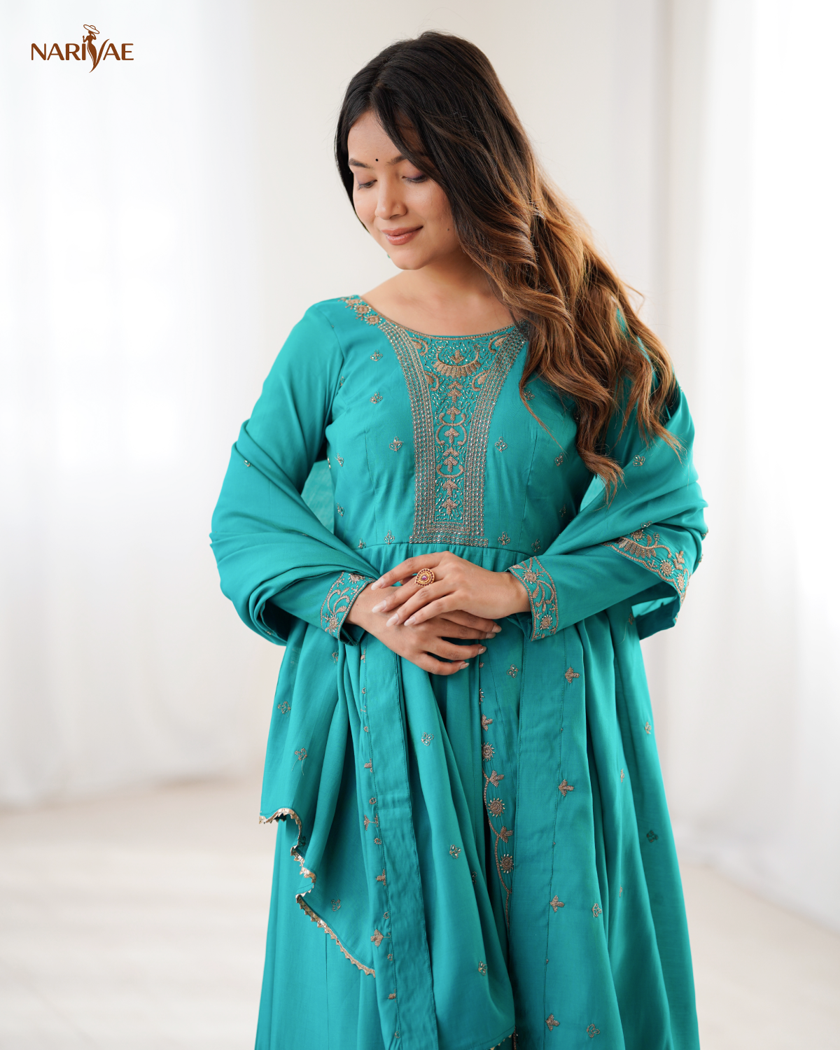 Anarkali Gown Set in Roman Shimmer Chanderi Silk with Handwork Beads | 16 Kali Full Flair with Pant & Dupatta | Fully Stitched Ready to Wear Ethnic Set for Women