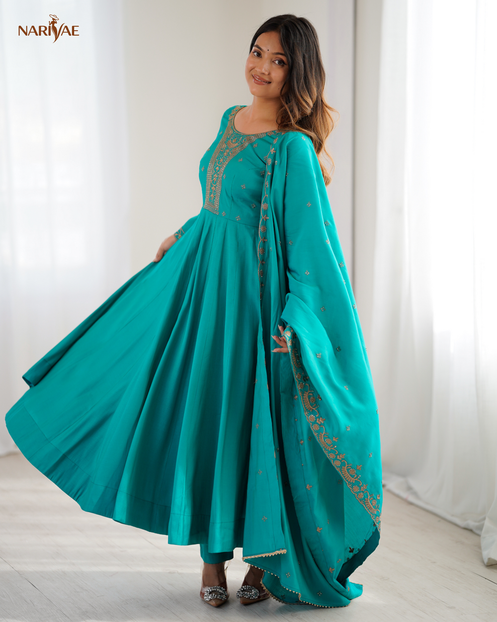 Anarkali Gown Set in Roman Shimmer Chanderi Silk with Handwork Beads | 16 Kali Full Flair with Pant & Dupatta | Fully Stitched Ready to Wear Ethnic Set for Women