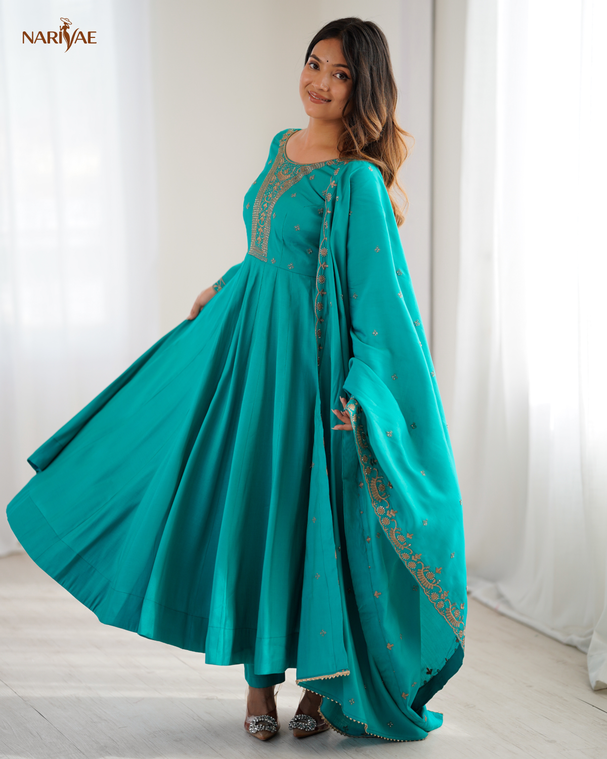 Anarkali Gown Set in Roman Shimmer Chanderi Silk with Handwork Beads | 16 Kali Full Flair with Pant & Dupatta | Fully Stitched Ready to Wear Ethnic Set for Women