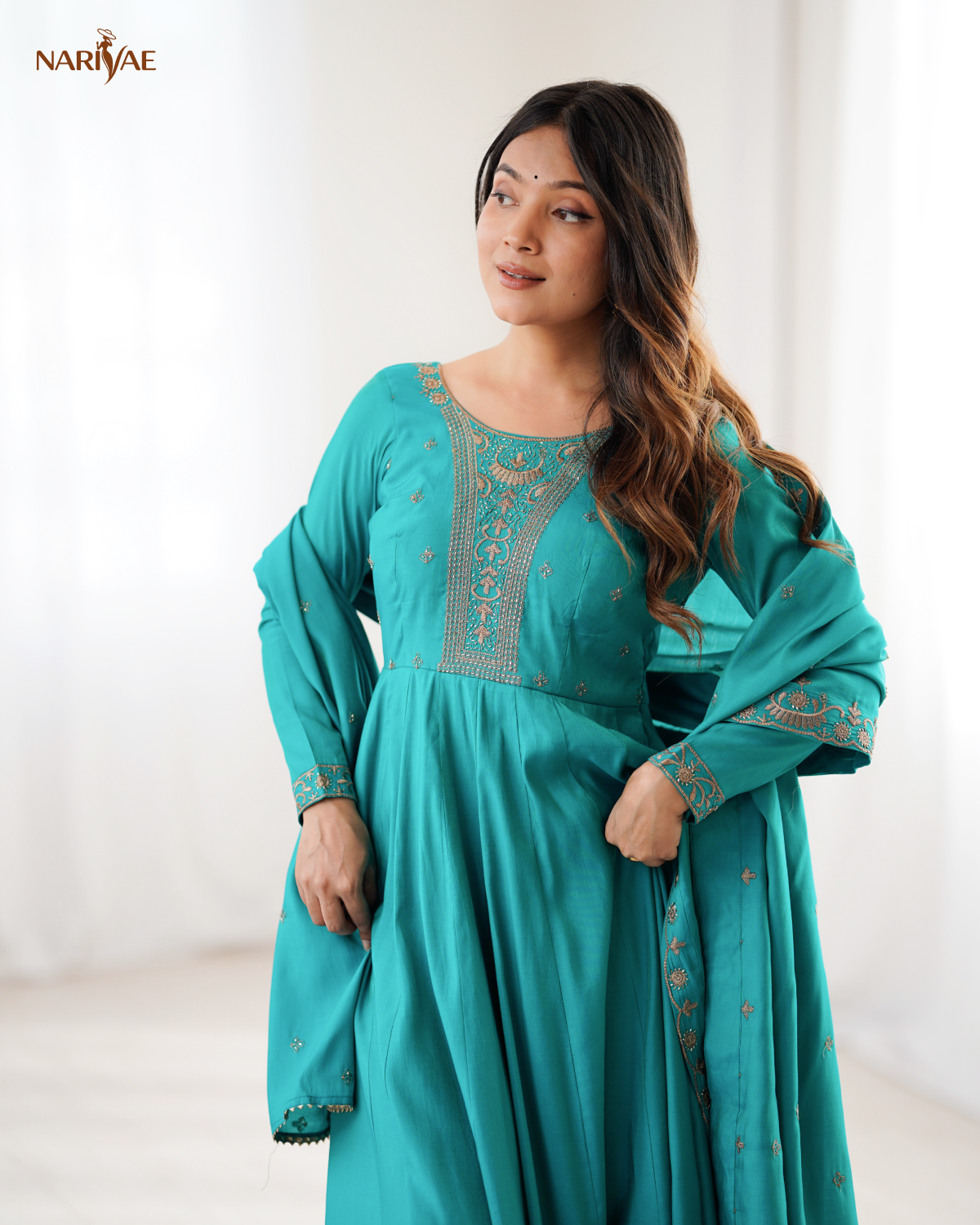 Anarkali Gown Set in Roman Shimmer Chanderi Silk with Handwork Beads | 16 Kali Full Flair with Pant & Dupatta | Fully Stitched Ready to Wear Ethnic Set for Women