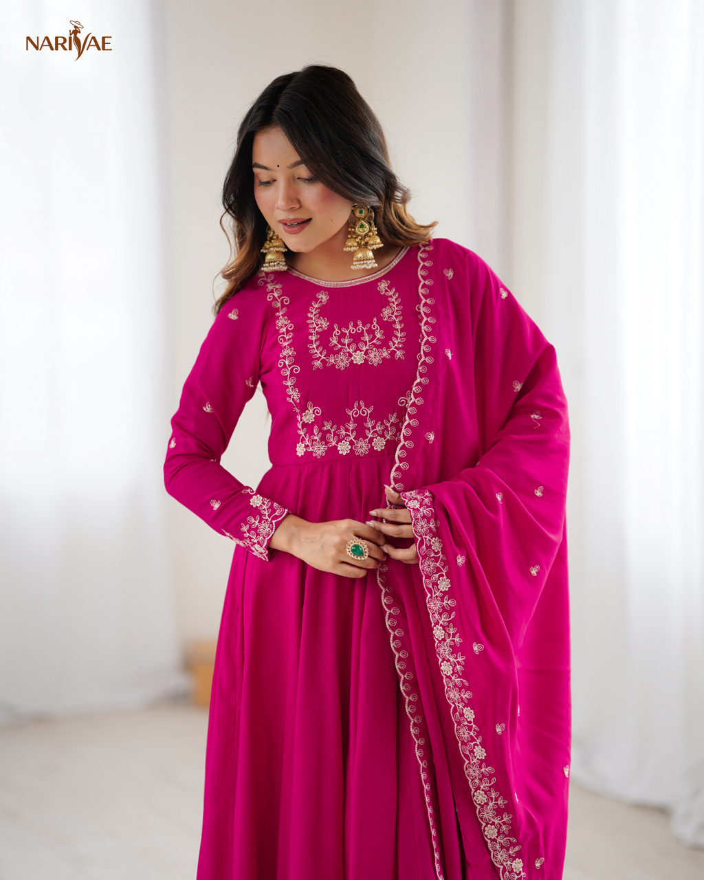 Meherang Designer Anarkali Gown Set in Roman Chanderi Silk | Handworked Beads | 16 Kali Flare with Dupatta & Pant