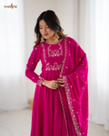Meherang Designer Anarkali Gown Set in Roman Chanderi Silk | Handworked Beads | 16 Kali Flare with Dupatta & Pant