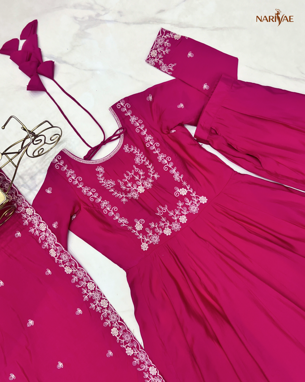 Meherang Designer Anarkali Gown Set in Roman Chanderi Silk | Handworked Beads | 16 Kali Flare with Dupatta & Pant