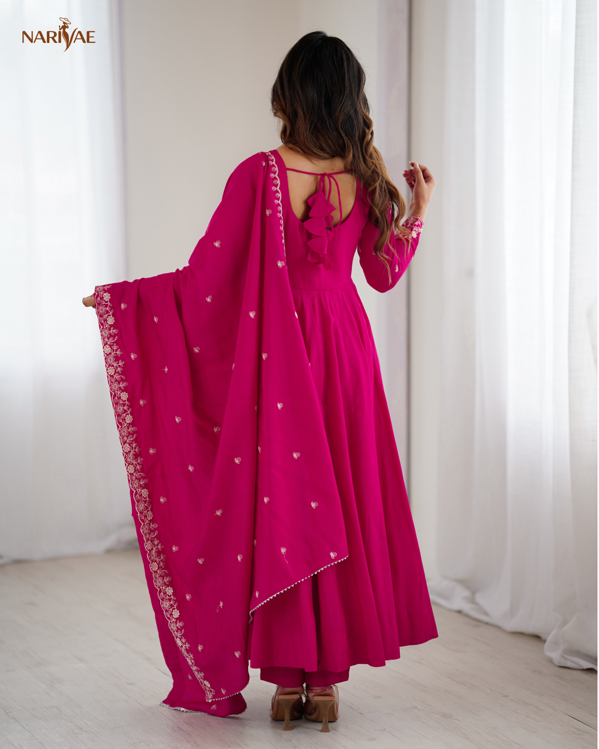 Meherang Designer Anarkali Gown Set in Roman Chanderi Silk | Handworked Beads | 16 Kali Flare with Dupatta & Pant