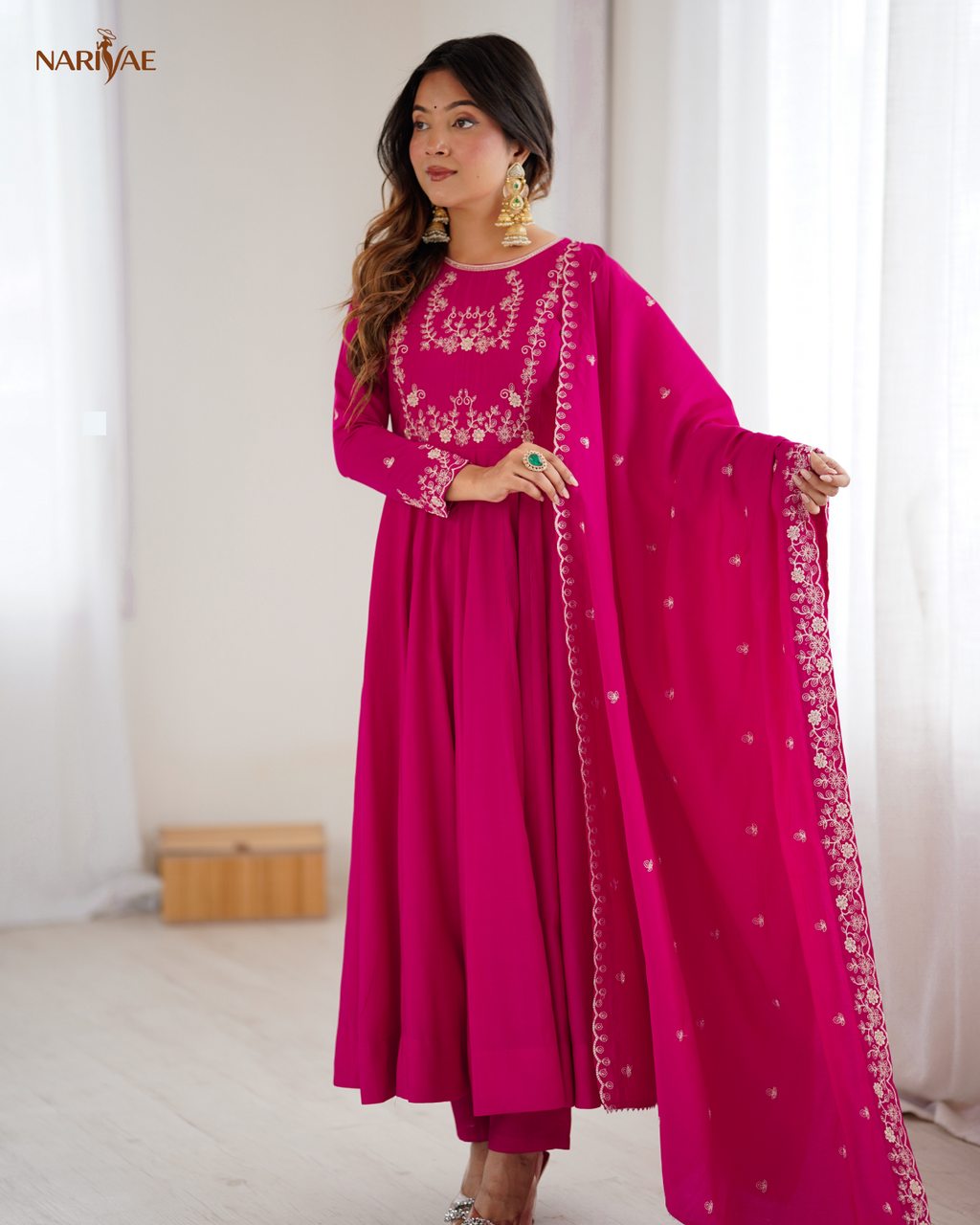 Meherang Designer Anarkali Gown Set in Roman Chanderi Silk | Handworked Beads | 16 Kali Flare with Dupatta & Pant