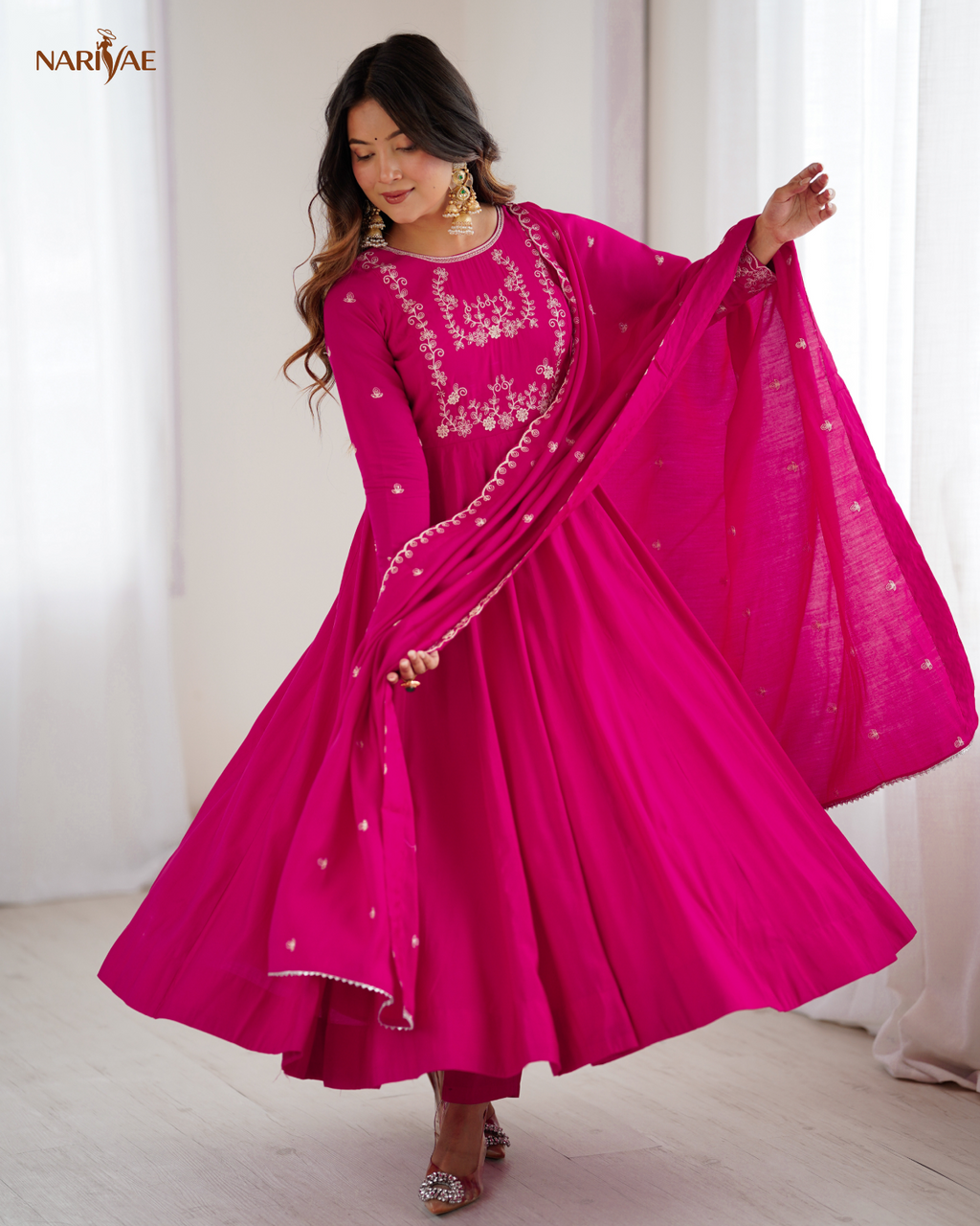 Meherang Designer Anarkali Gown Set in Roman Chanderi Silk | Handworked Beads | 16 Kali Flare with Dupatta & Pant