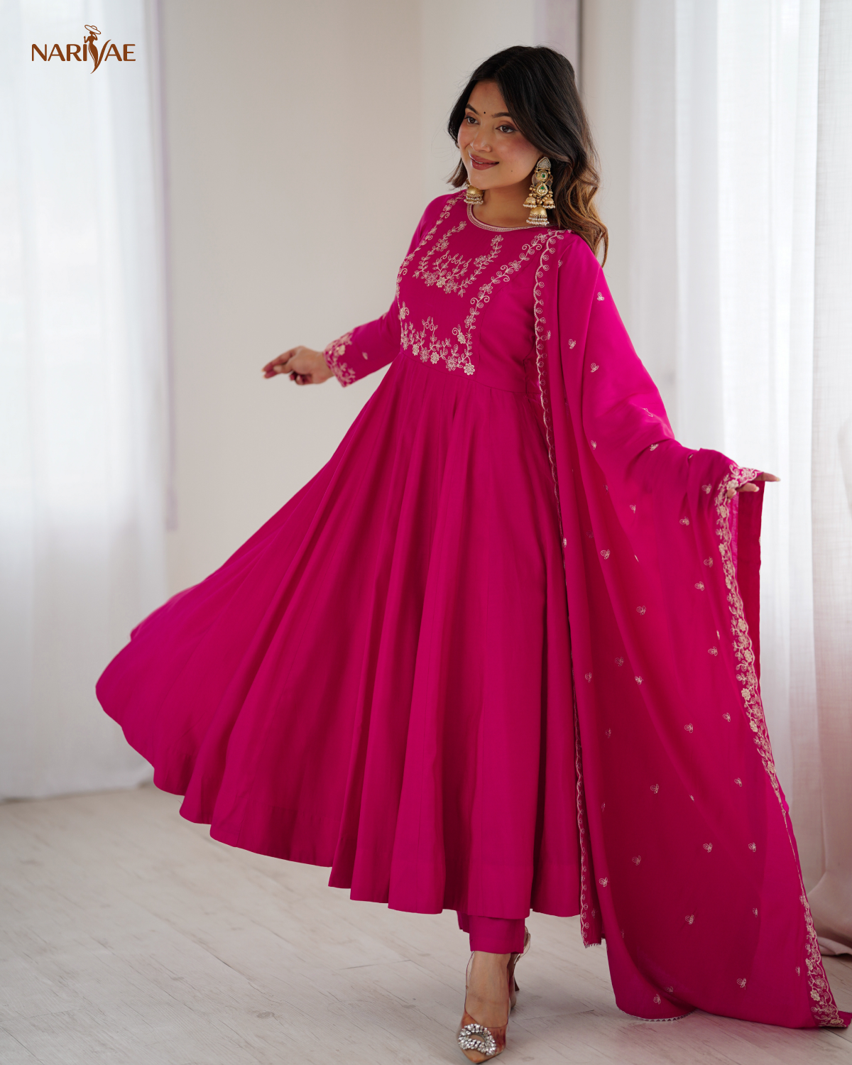 Meherang Designer Anarkali Gown Set in Roman Chanderi Silk | Handworked Beads | 16 Kali Flare with Dupatta & Pant