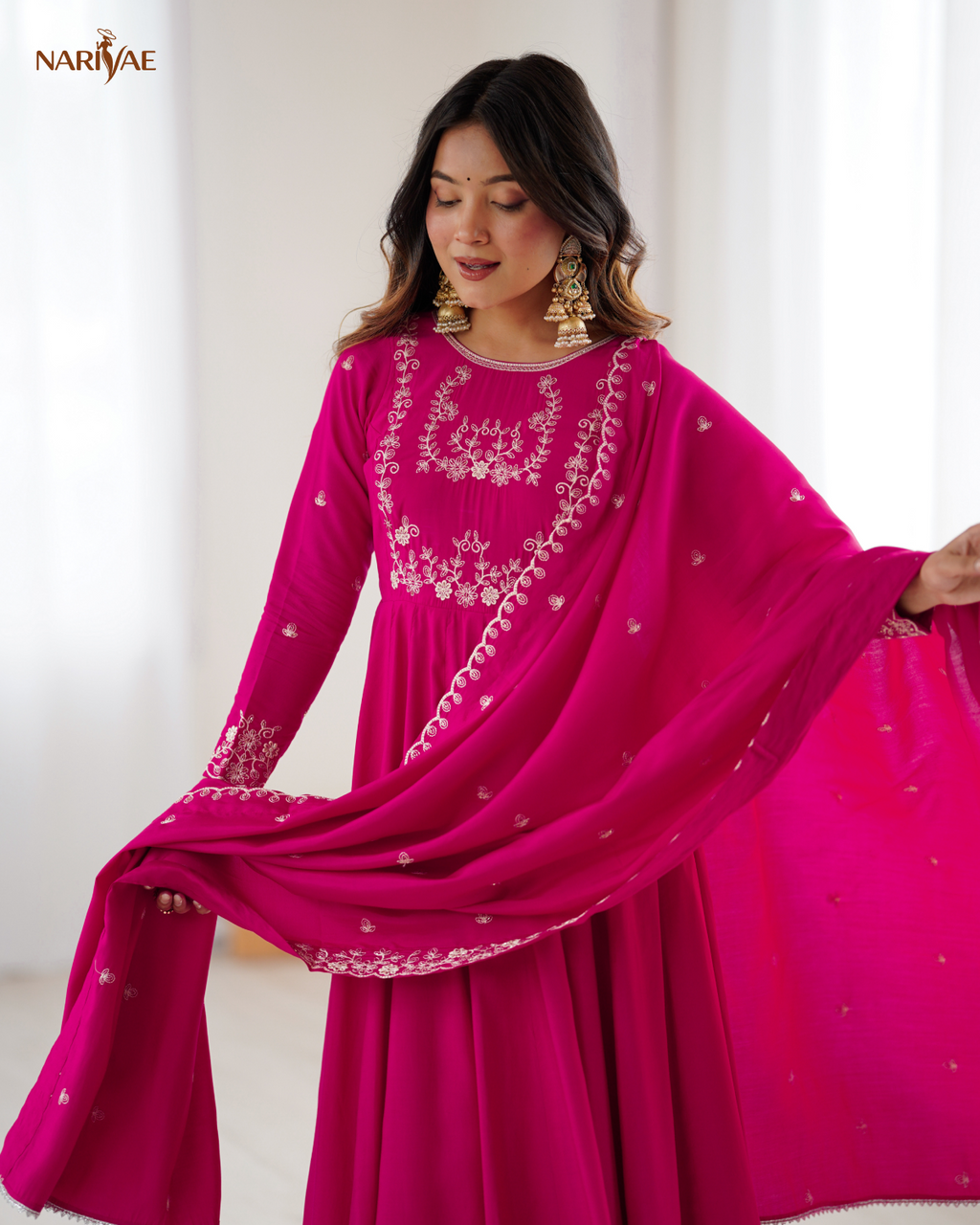 Meherang Designer Anarkali Gown Set in Roman Chanderi Silk | Handworked Beads | 16 Kali Flare with Dupatta & Pant