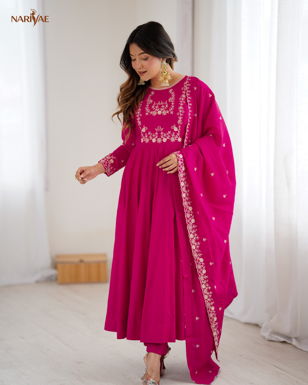 Meherang Designer Anarkali Gown Set in Roman Chanderi Silk | Handworked Beads | 16 Kali Flare with Dupatta & Pant
