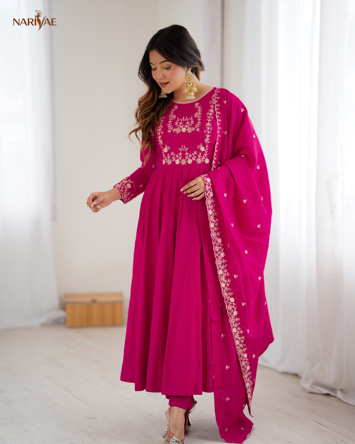 Meherang Designer Anarkali Gown Set in Roman Chanderi Silk | Handworked Beads | 16 Kali Flare with Dupatta & Pant