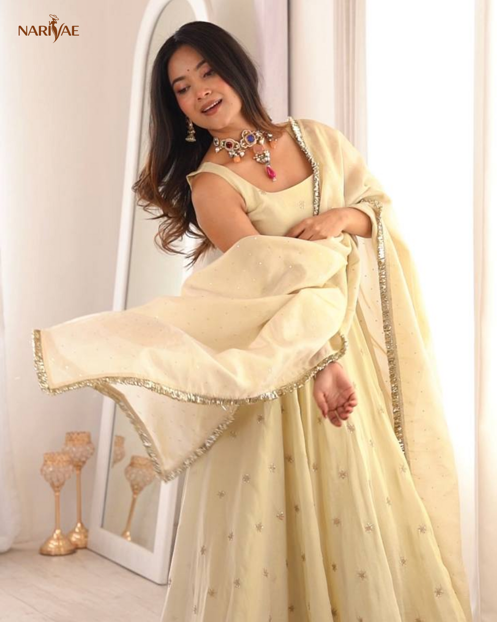 Ruhira Designer Gown Set in Cosmos Gold with Embroidery & Jarkan Work | 3.5 Meter Flare | Pant & Dupatta | Fully Stitched Ethnic Set for Women