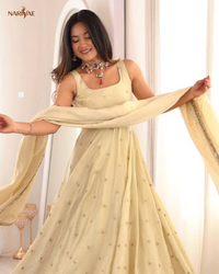 Ruhira Designer Gown Set in Cosmos Gold with Embroidery & Jarkan Work | 3.5 Meter Flare | Pant & Dupatta | Fully Stitched Ethnic Set for Women