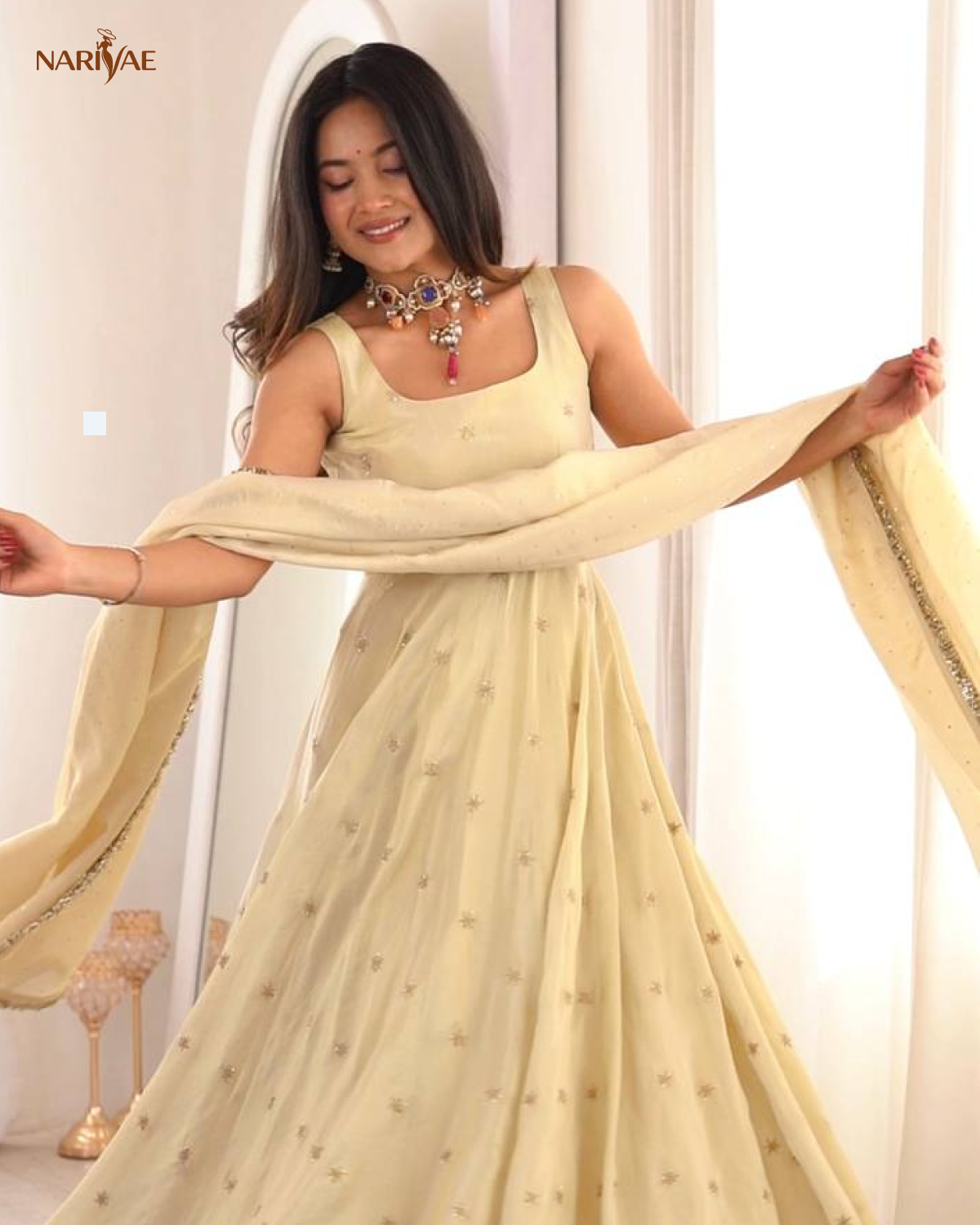 Ruhira Designer Gown Set in Cosmos Gold with Embroidery & Jarkan Work | 3.5 Meter Flare | Pant & Dupatta | Fully Stitched Ethnic Set for Women