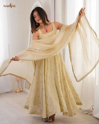 Ruhira Designer Gown Set in Cosmos Gold with Embroidery & Jarkan Work | 3.5 Meter Flare | Pant & Dupatta | Fully Stitched Ethnic Set for Women