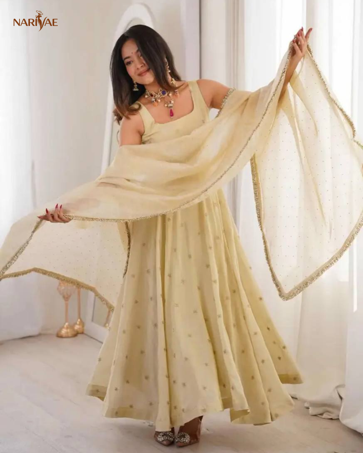 Ruhira Designer Gown Set in Cosmos Gold with Embroidery & Jarkan Work | 3.5 Meter Flare | Pant & Dupatta | Fully Stitched Ethnic Set for Women