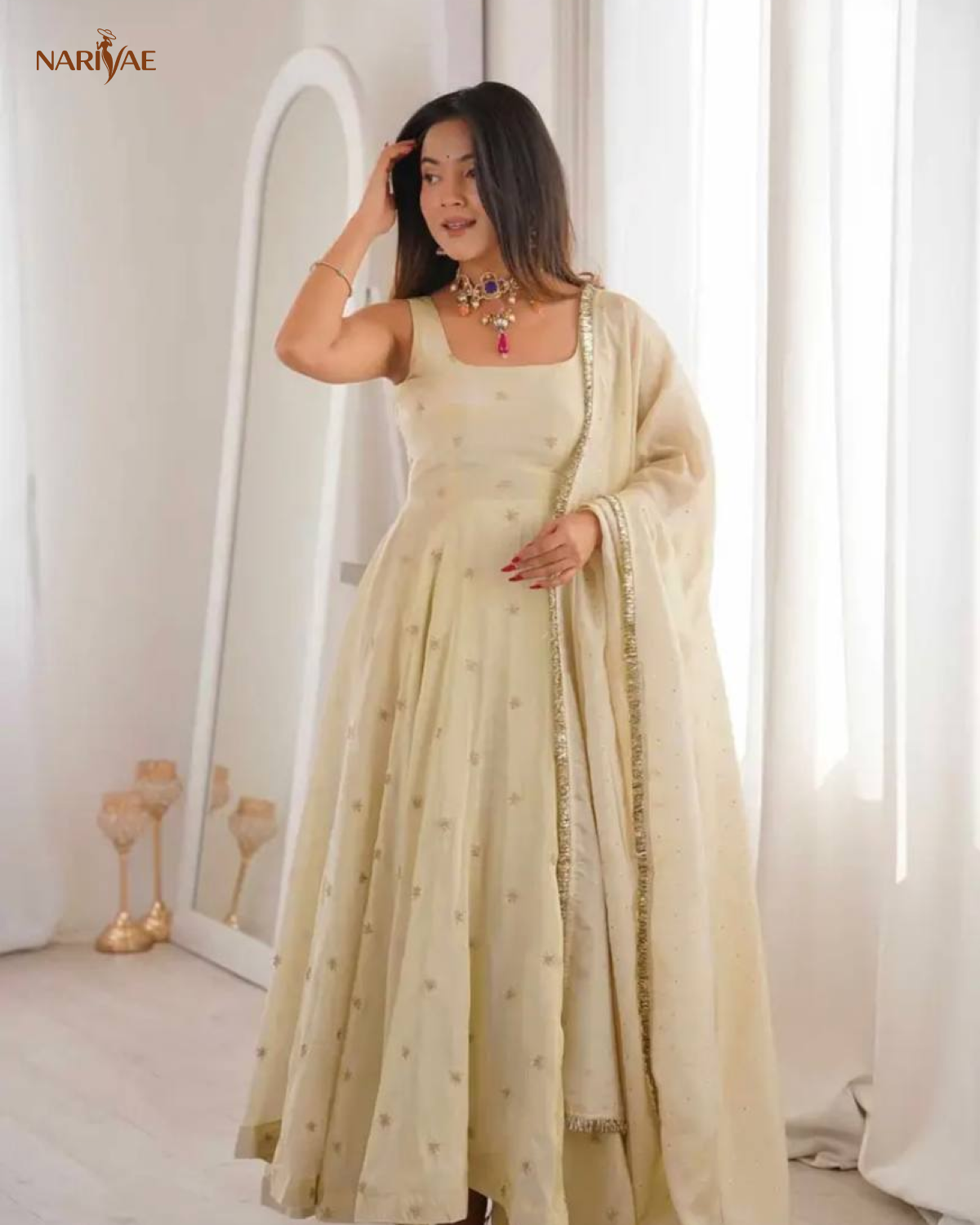 Ruhira Designer Gown Set in Cosmos Gold with Embroidery & Jarkan Work | 3.5 Meter Flare | Pant & Dupatta | Fully Stitched Ethnic Set for Women
