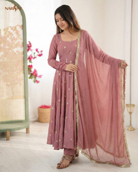 Designer Gown Set in Roman Silk with Embroidery & Jarkan Work | 3.5 Meter Flair with Pant & Dupatta | Fully Stitched Ready to Wear Ethnic Set for Women