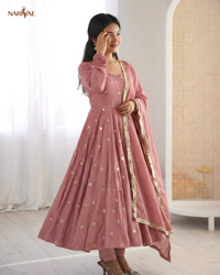 Designer Gown Set in Roman Silk with Embroidery & Jarkan Work | 3.5 Meter Flair with Pant & Dupatta | Fully Stitched Ready to Wear Ethnic Set for Women