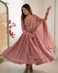 Designer Gown Set in Roman Silk with Embroidery & Jarkan Work | 3.5 Meter Flair with Pant & Dupatta | Fully Stitched Ready to Wear Ethnic Set for Women