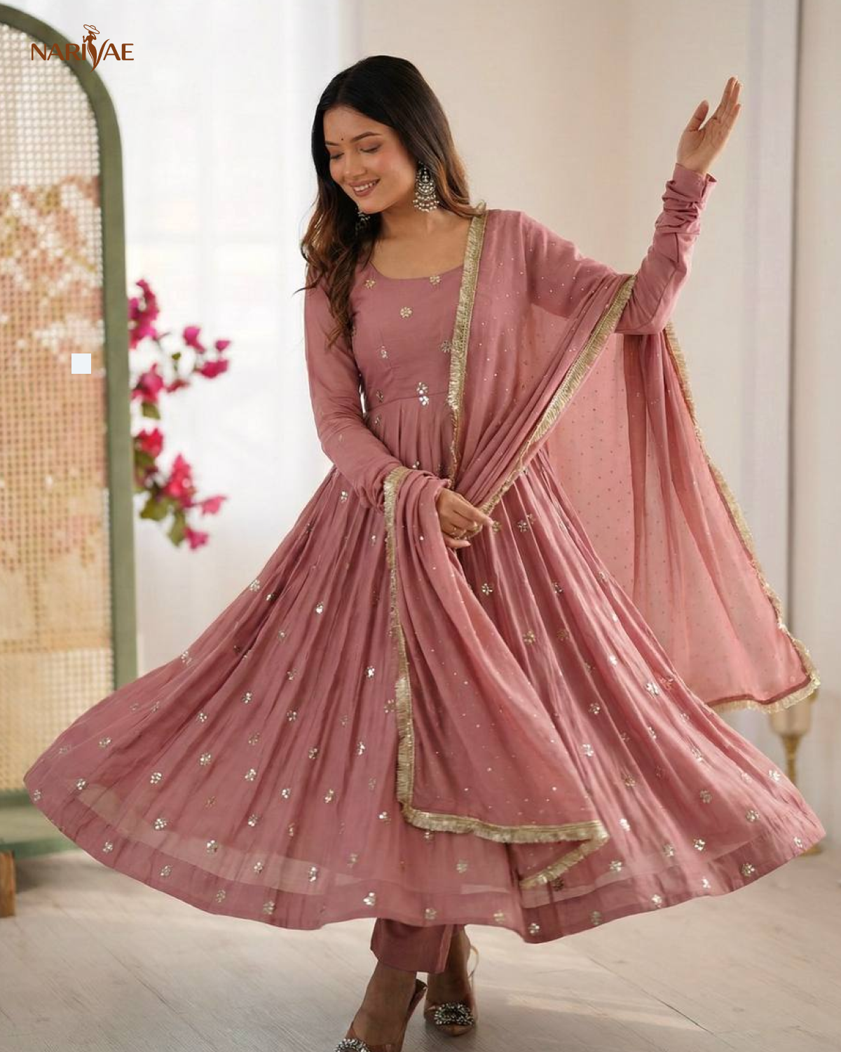 Designer Gown Set in Roman Silk with Embroidery & Jarkan Work | 3.5 Meter Flair with Pant & Dupatta | Fully Stitched Ready to Wear Ethnic Set for Women