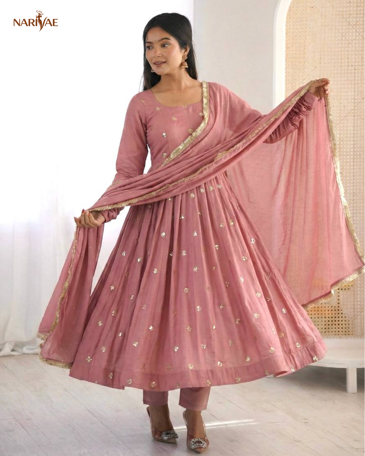 Designer Gown Set in Roman Silk with Embroidery & Jarkan Work | 3.5 Meter Flair with Pant & Dupatta | Fully Stitched Ready to Wear Ethnic Set for Women
