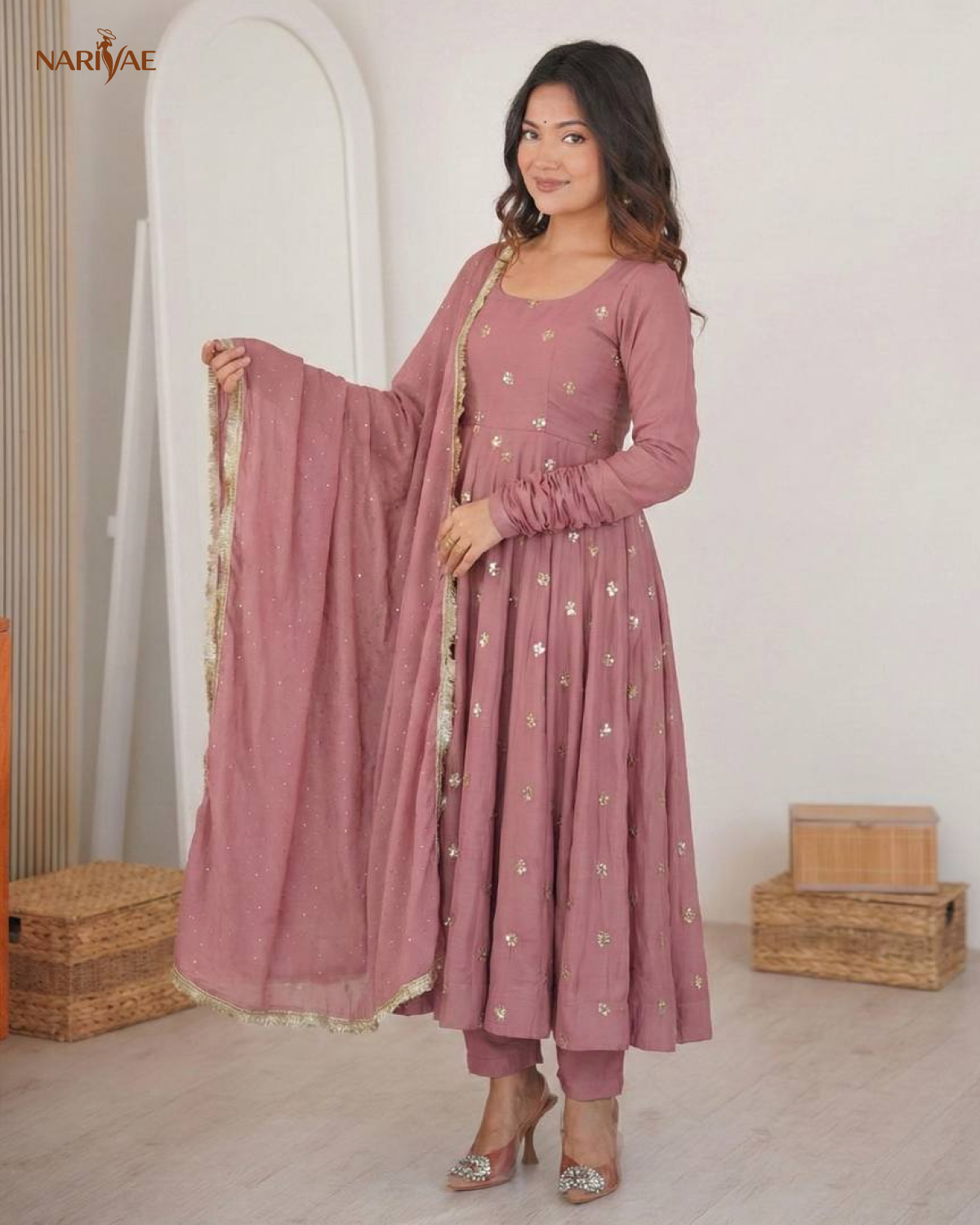 Designer Gown Set in Roman Silk with Embroidery & Jarkan Work | 3.5 Meter Flair with Pant & Dupatta | Fully Stitched Ready to Wear Ethnic Set for Women