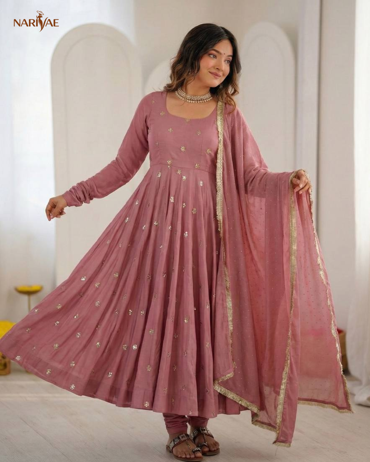 Designer Gown Set in Roman Silk with Embroidery & Jarkan Work | 3.5 Meter Flair with Pant & Dupatta | Fully Stitched Ready to Wear Ethnic Set for Women