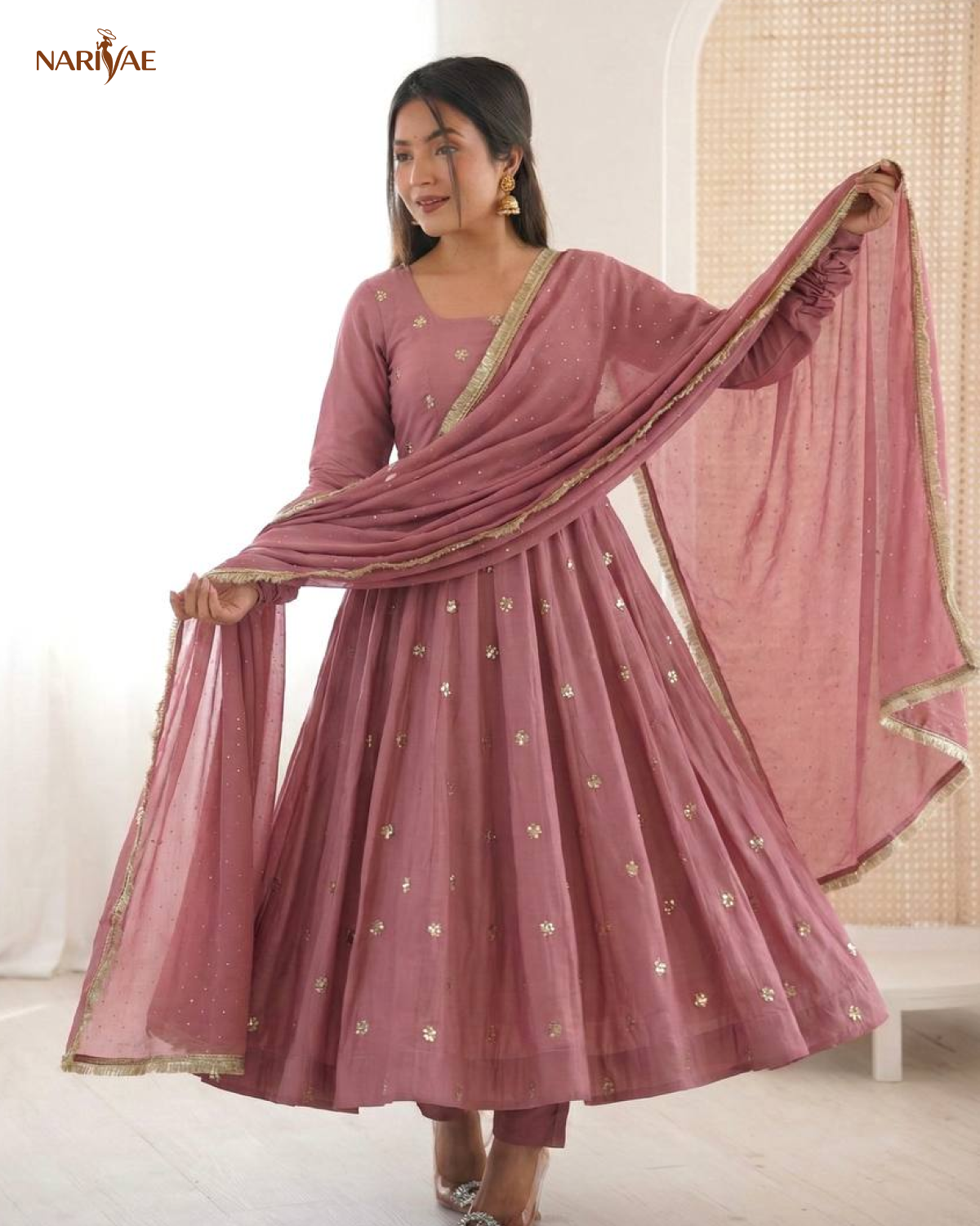 Designer Gown Set in Roman Silk with Embroidery & Jarkan Work | 3.5 Meter Flair with Pant & Dupatta | Fully Stitched Ready to Wear Ethnic Set for Women