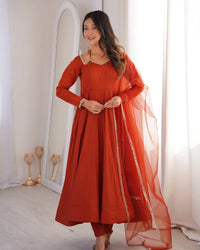 Roman Silk Chanderi Anarkali Suit Set with Dupatta & Pant | Heavy Flared Ethnic Wear for Women | Ready to Wear