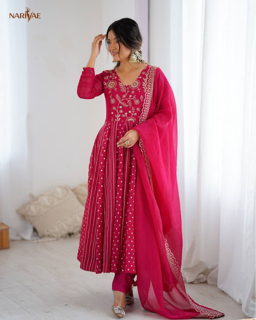 Anarkali Gown Set in Crunchy Silk with Embroidery Sequence Work | Flowy Flair with Pant & Dupatta | Fully Stitched Ready to Wear Ethnic Set for Women