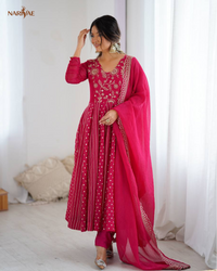 Anarkali Gown Set in Crunchy Silk with Embroidery Sequence Work | Flowy Flair with Pant & Dupatta | Fully Stitched Ready to Wear Ethnic Set for Women
