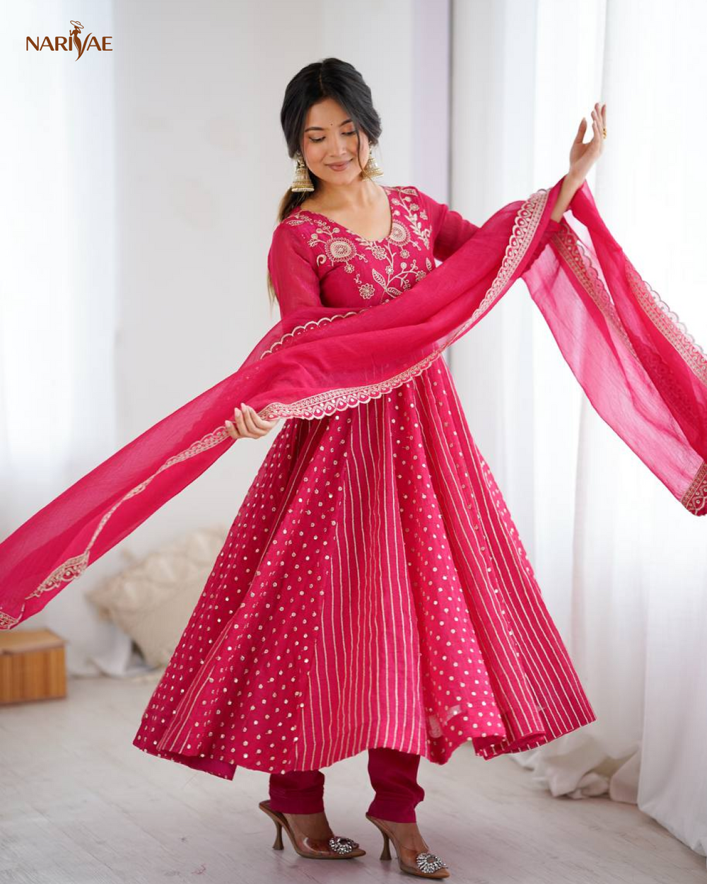 Anarkali Gown Set in Crunchy Silk with Embroidery Sequence Work | Flowy Flair with Pant & Dupatta | Fully Stitched Ready to Wear Ethnic Set for Women