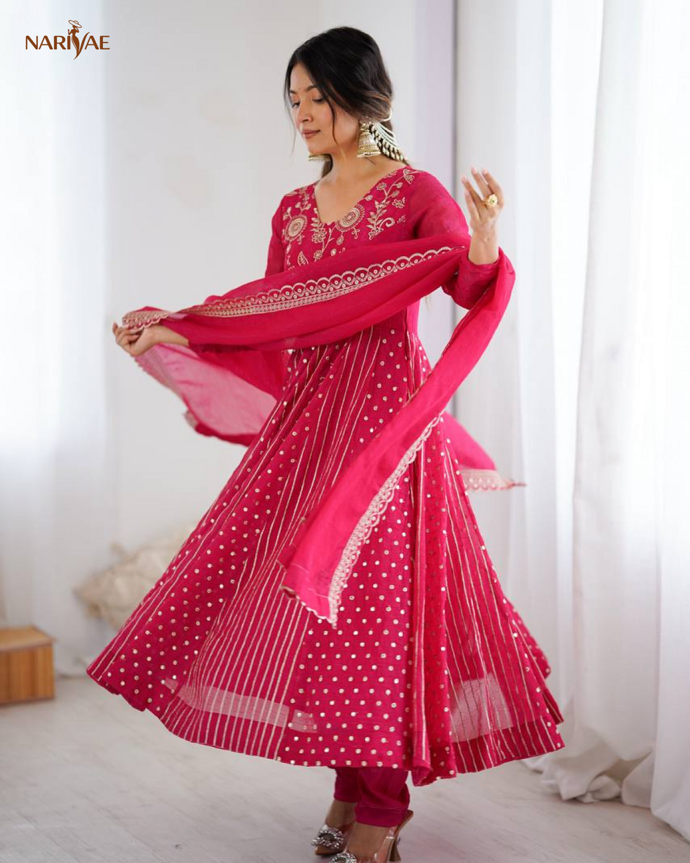 Anarkali Gown Set in Crunchy Silk with Embroidery Sequence Work | Flowy Flair with Pant & Dupatta | Fully Stitched Ready to Wear Ethnic Set for Women