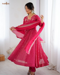 Anarkali Gown Set in Crunchy Silk with Embroidery Sequence Work | Flowy Flair with Pant & Dupatta | Fully Stitched Ready to Wear Ethnic Set for Women