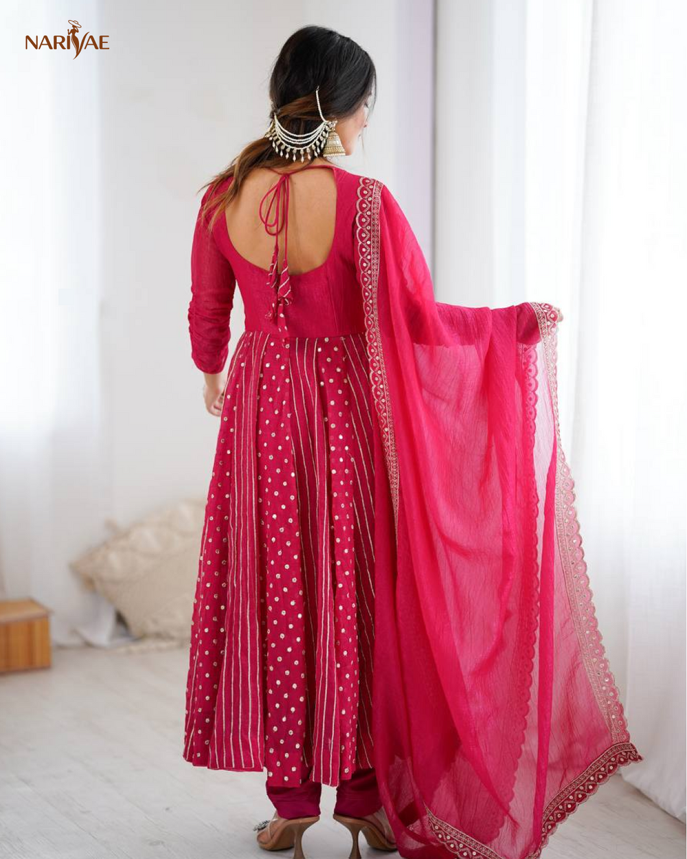 Anarkali Gown Set in Crunchy Silk with Embroidery Sequence Work | Flowy Flair with Pant & Dupatta | Fully Stitched Ready to Wear Ethnic Set for Women