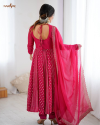 Anarkali Gown Set in Crunchy Silk with Embroidery Sequence Work | Flowy Flair with Pant & Dupatta | Fully Stitched Ready to Wear Ethnic Set for Women