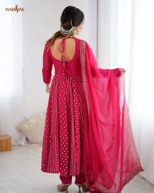 Anarkali Gown Set in Crunchy Silk with Embroidery Sequence Work | Flowy Flair with Pant & Dupatta | Fully Stitched Ready to Wear Ethnic Set for Women