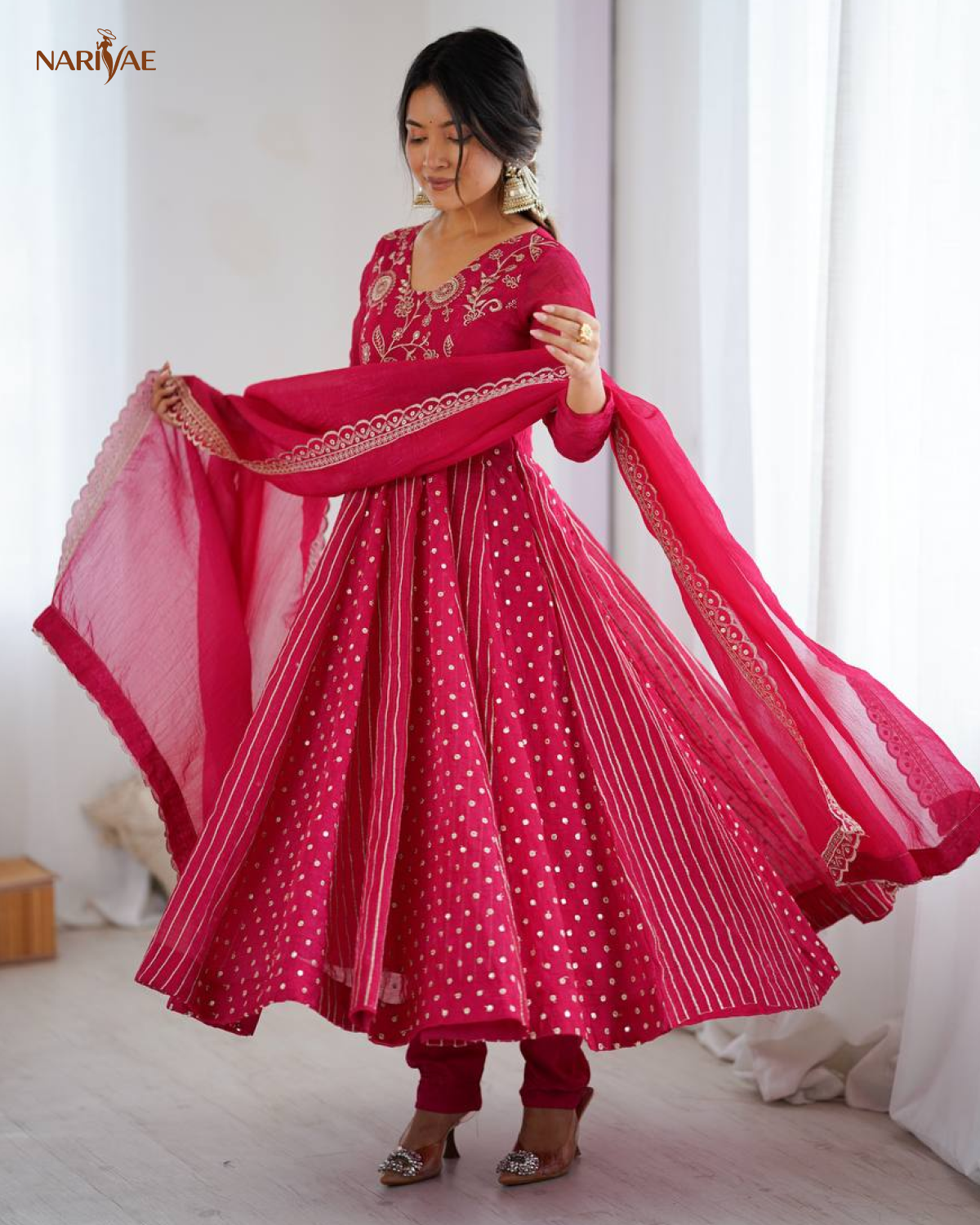 Anarkali Gown Set in Crunchy Silk with Embroidery Sequence Work | Flowy Flair with Pant & Dupatta | Fully Stitched Ready to Wear Ethnic Set for Women