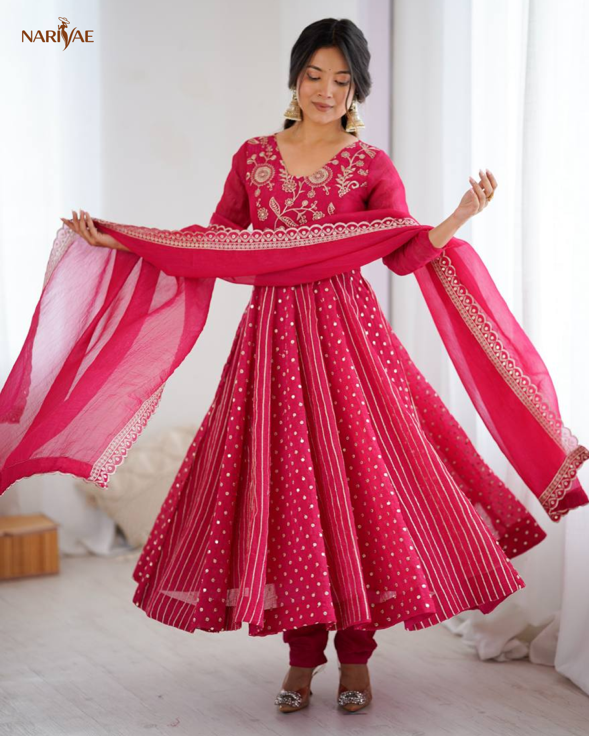 Anarkali Gown Set in Crunchy Silk with Embroidery Sequence Work | Flowy Flair with Pant & Dupatta | Fully Stitched Ready to Wear Ethnic Set for Women