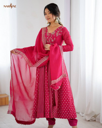 Anarkali Gown Set in Crunchy Silk with Embroidery Sequence Work | Flowy Flair with Pant & Dupatta | Fully Stitched Ready to Wear Ethnic Set for Women