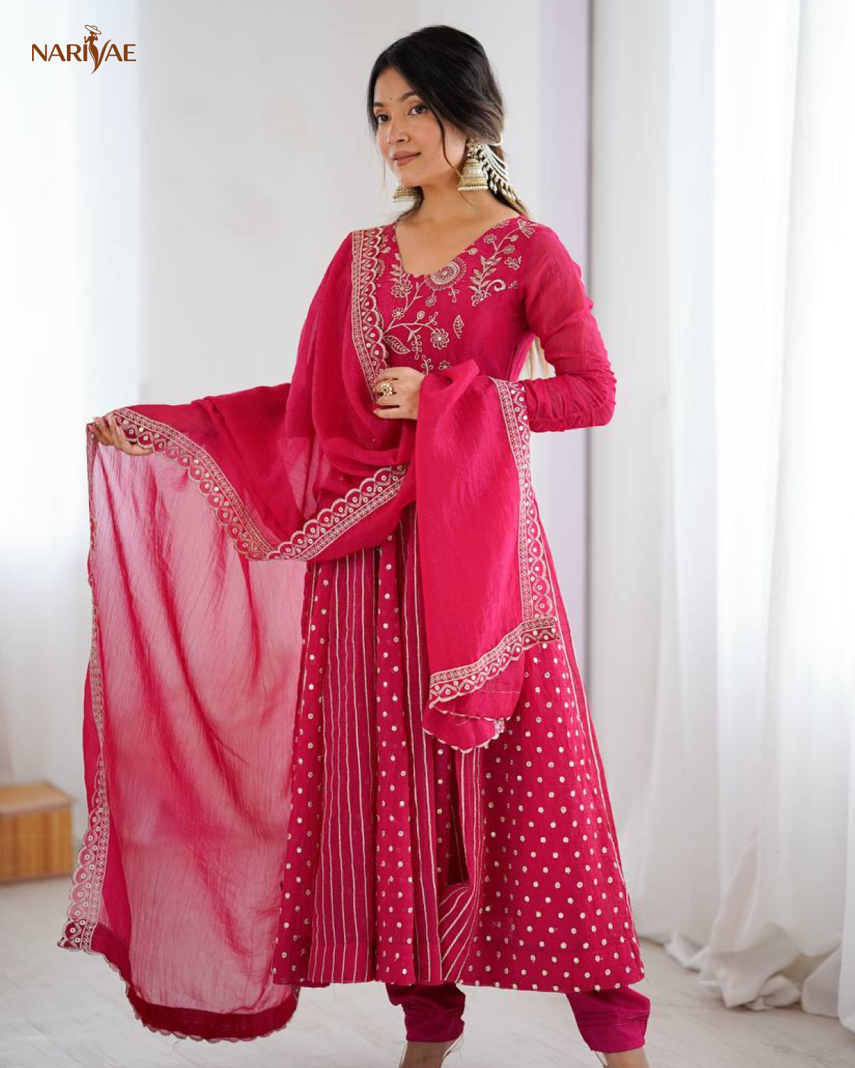 Anarkali Gown Set in Crunchy Silk with Embroidery Sequence Work | Flowy Flair with Pant & Dupatta | Fully Stitched Ready to Wear Ethnic Set for Women